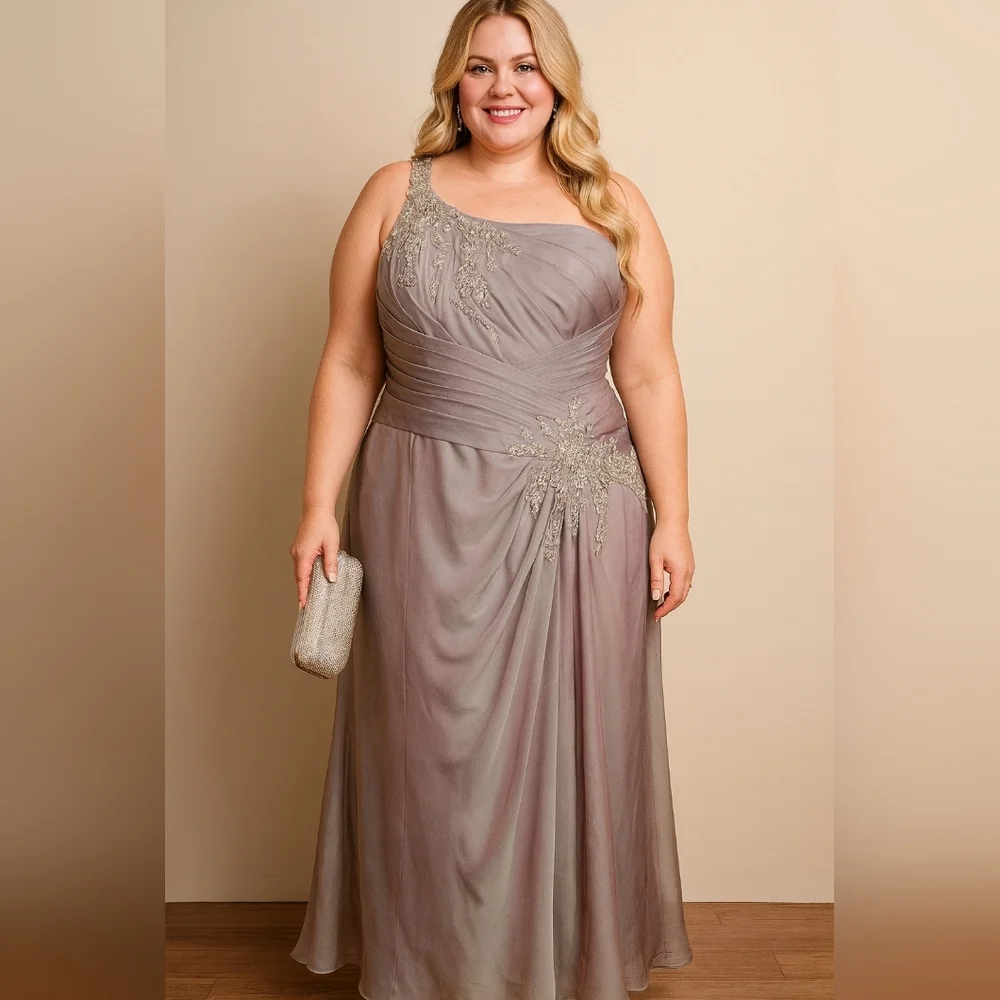 One-Shoulder Taupe Dress. Comes With a Jacket. Rhinestone Detail. Size 22 - Picture 3 of 11